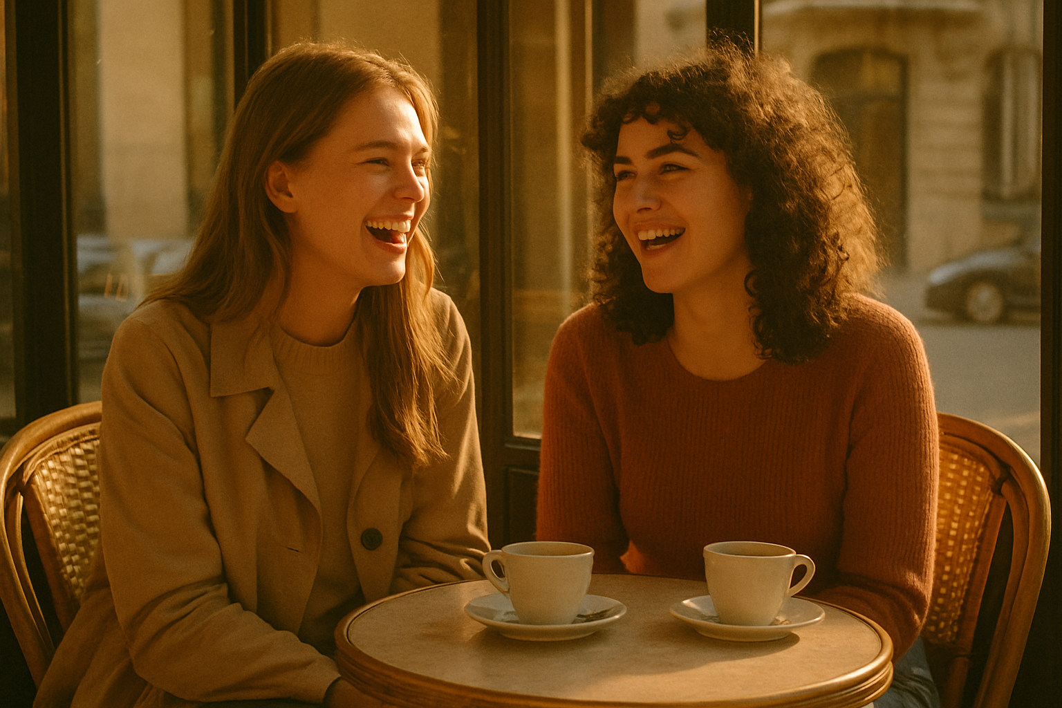 Duas mulheres sorrindo e conversando em um café, com xícaras de café sobre a mesa. A iluminação suave e ambiente acolhedor criam uma atmosfera amigável e relaxante.